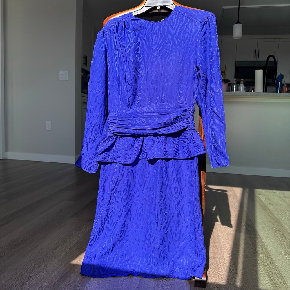 VTG Argenti Petites 100% Silk Blue Jacquard Animal Print Peplum Midi Dress Sz 10